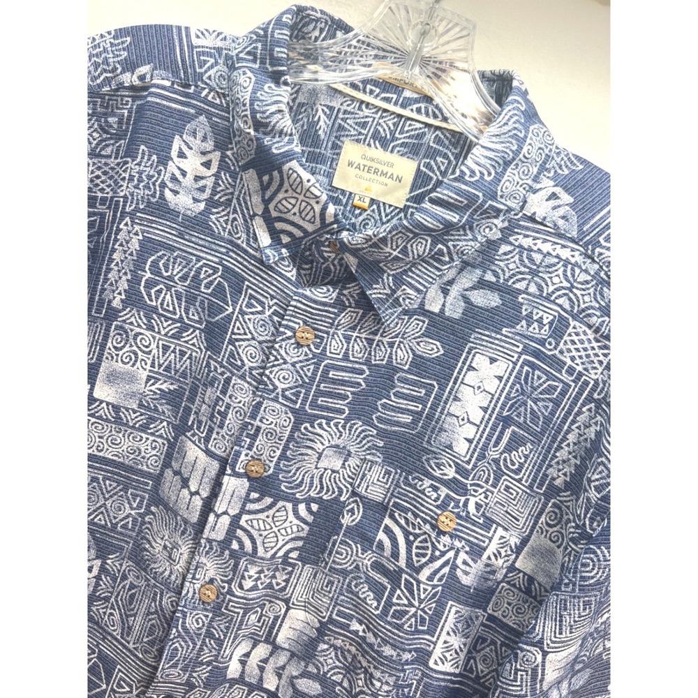 Quiksilver Waterman Collection Mens XL Blue Tribal Geometric Button Down Shirt